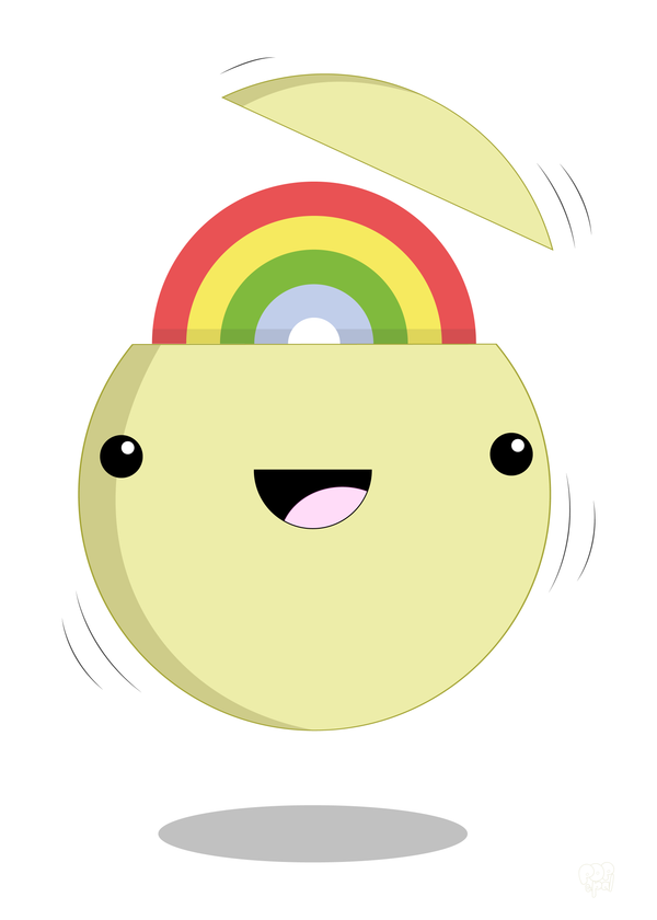 En emoji figur med en regnbue ud af hovedet
