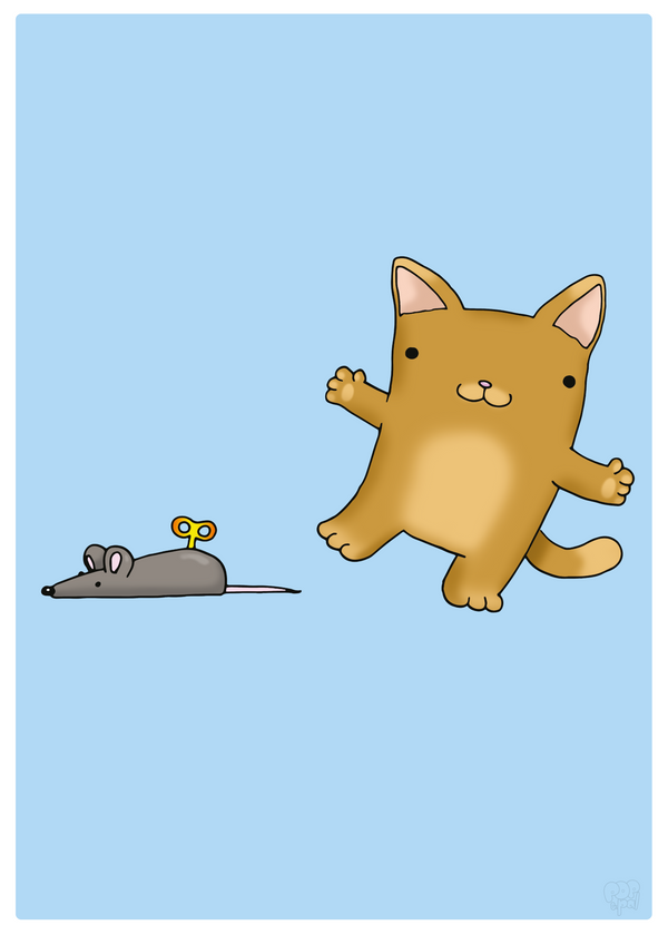 Børneplakat: Katten efter musen på en lyseblå baggrund.