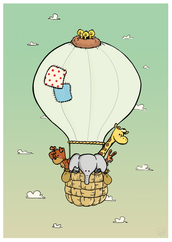 plakat med en luftballon med dyr i som svæver på en grøn himmel.