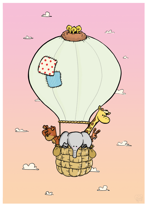 En luftballon med dyr i, som svæver. Baggrunden er pink