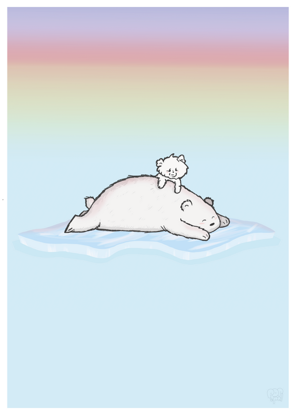 Isbjørnemor og hendes unge som flyder på en isflage
