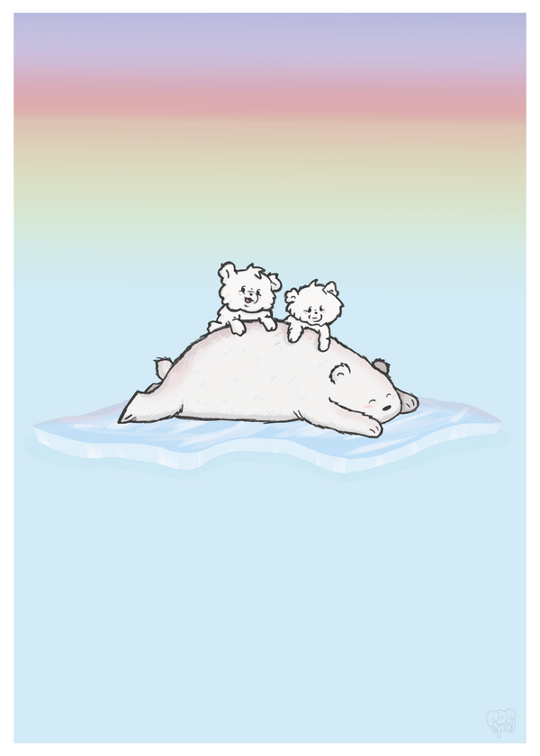Børneplakat med en isbjørn og hendes 2 bjørneunger på en isflage
