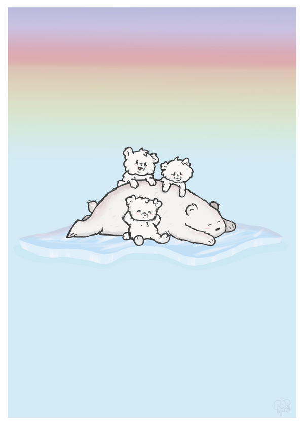 En børneplakat med isbjørnemor og hendes 3 isbjørneunger