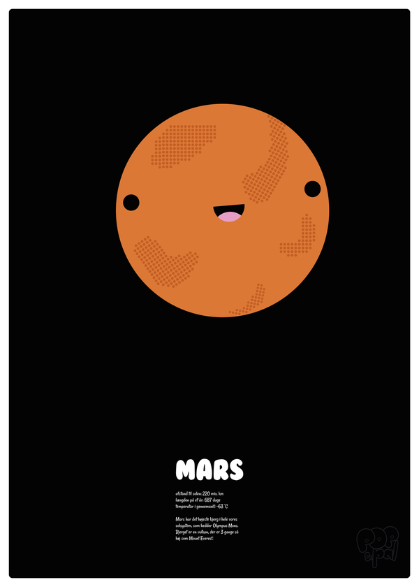 Læringsplakat af planeten Mars med en tekst under