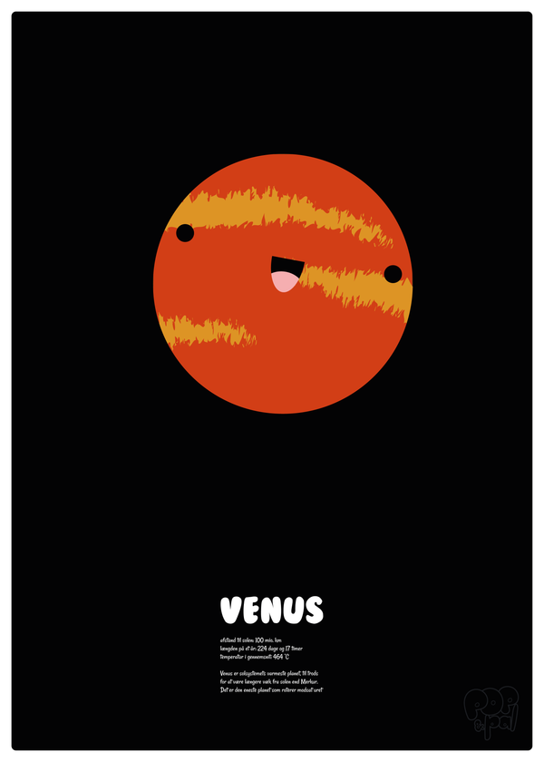 Læringsplakat af planeten Venus med en tekst under