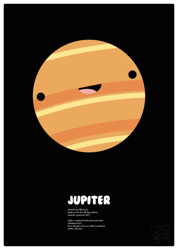 Læringsplakat af planeten Jupiter med en tekst under