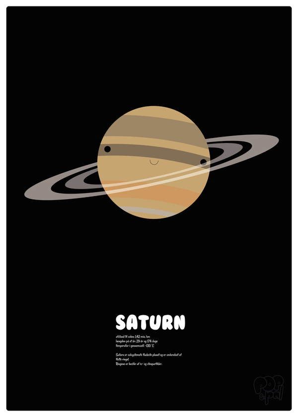 Læringsplakat af planeten Saturn med en tekst under
