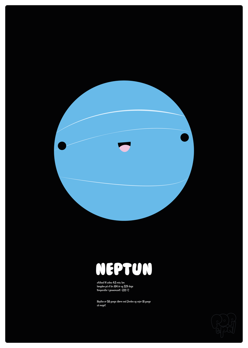 Læringsplakat af planeten Neptun med en tekst under